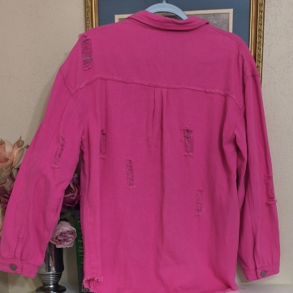 Pink Distressed Button-Up Shirt jacket Shacket Distressed Glam Pretty Y2k - Picture 8 of 10